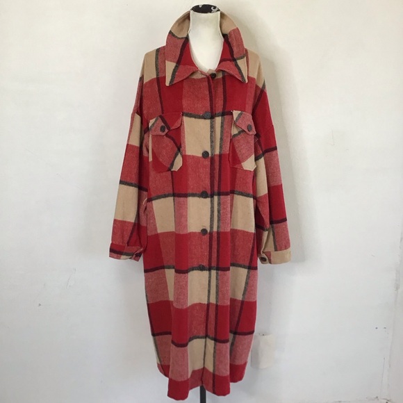 Women’s Fall Cozy Apple Red Tan Plaid Lapel Collar Button-up Long Shacket 2XL - Picture 3 of 13